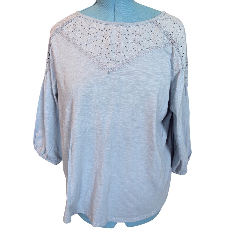 Croft & Barrow Light Blue Eyelet Lace Yoke 3/4 Sleeve Slub Knit Top XXL